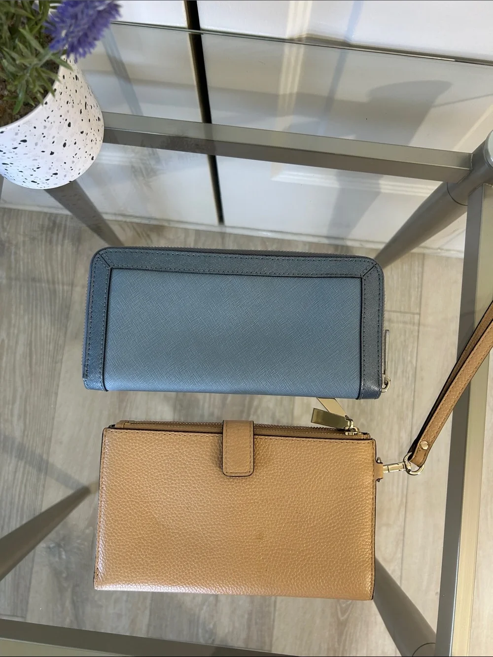 Michael Kors Blue Wallet and Tan Wristlet Set
